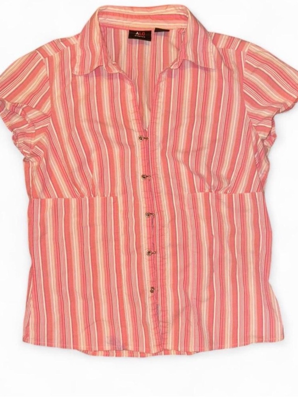 A.L.C. Coral and Cream Striped Short-Sleeve Button-Down Shirt